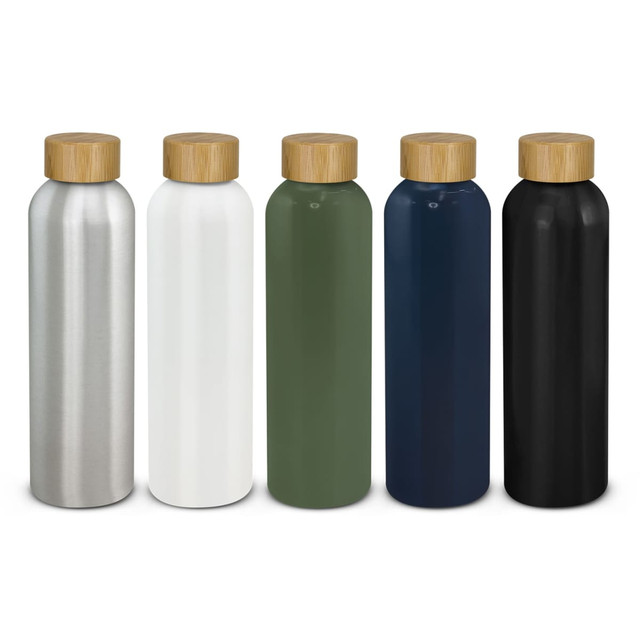 A drink bottle collection featuring aluminium in silver, white, green, navy, and black, each with a bamboo lid and branding.