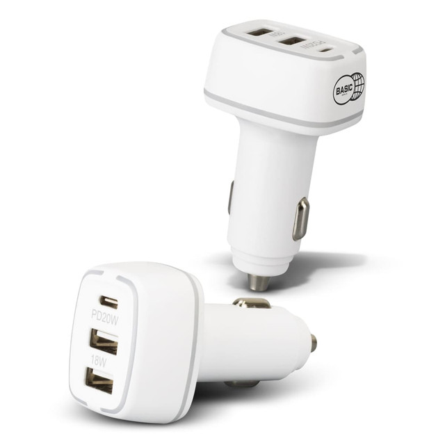 A white USB car charger with two ports, featuring a logo on one side and multiple USB outputs visible.