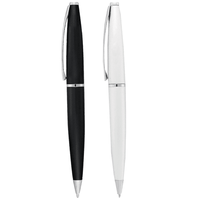 A set of two twist action pens, one in black and the other in white, featuring silver accents and a logo.