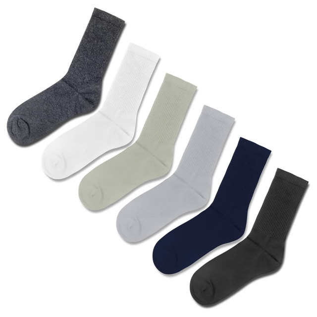A collection of five pairs of crew socks in grey, white, light green, navy, and dark green, each featuring a logo.