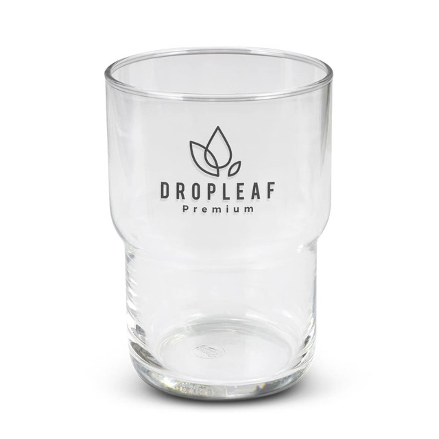 A clear glass tumbler featuring a logo, designed with a stackable shape, holds 460ml.