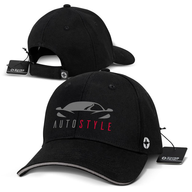 A black six-panel cap featuring a logo, with a curved brim and an adjustable strap at the back.