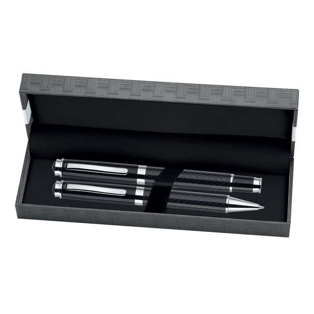A sleek black pen box containing a matching rollerball and ballpoint pen, with a textured exterior and a soft interior.