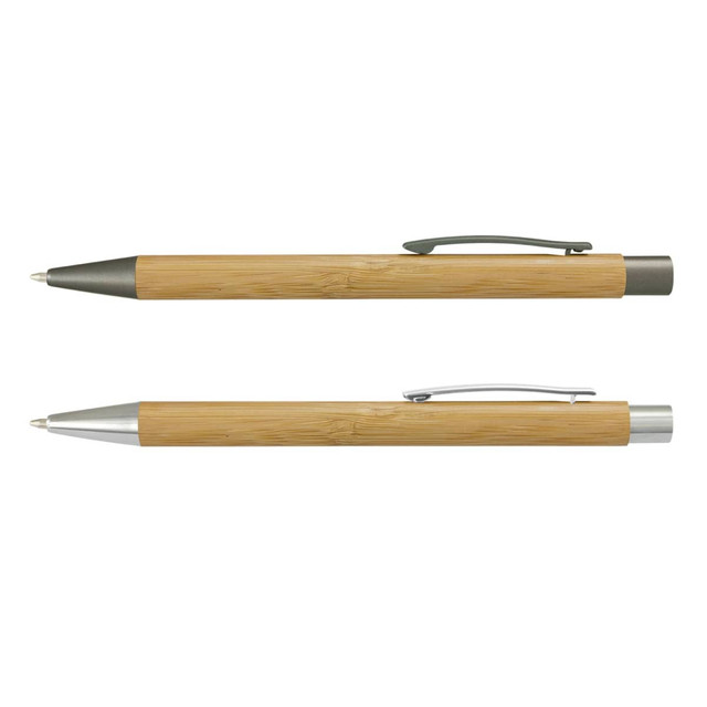 Two bamboo pens with silver and grey metal accents, featuring a sleek and natural design.