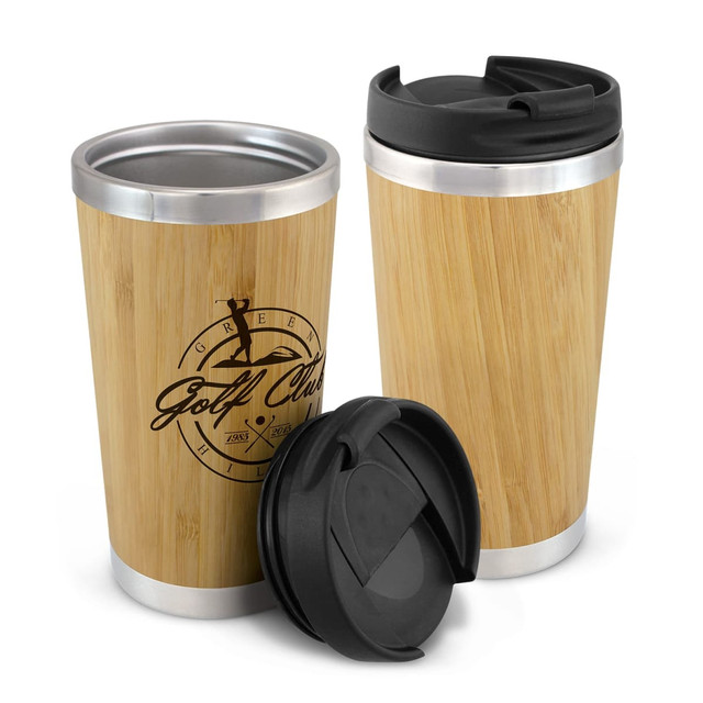 A bamboo double wall cup with a stainless steel base, featuring a black lid and a logo.