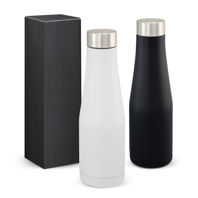 A drink bottle set featuring a white and a black vacuum bottle with stainless steel caps, presented in a black box.