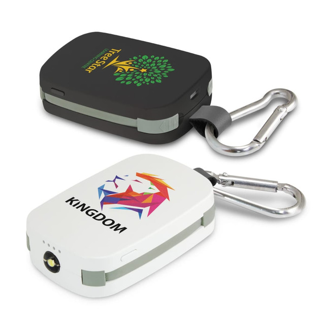 A black and white power bank featuring logos, with a carabiner for attachment. Each has a sleek, compact design.