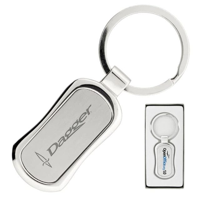 A silver keychain with a sleek design and a circular keyring, presented in a black box. It features a logo.