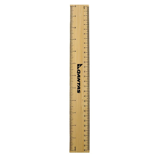A bamboo ruler with black markings, featuring a logo, measuring 30 centimetres in length.