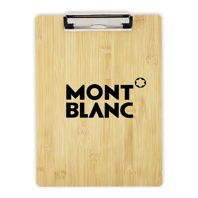 A bamboo clipboard featuring a clip at the top and a logo, showcasing a natural wood finish.
