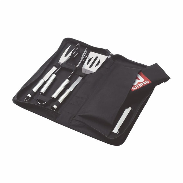 A 5-piece BBQ and apron set featuring stainless steel utensils in a black carrying case.