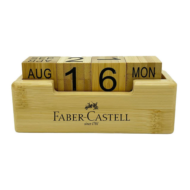 A bamboo perpetual calendar featuring black wooden blocks for the month, date, and day, set in a wooden holder.