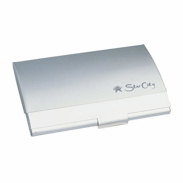 A sleek silver deluxe pocket business card holder with a logo on the surface. Ideal for storing business cards.
