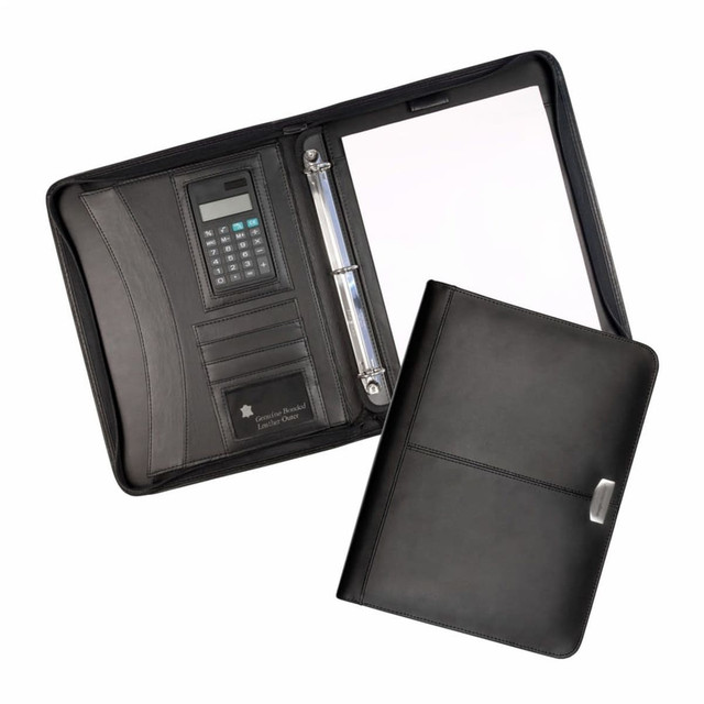 A black leather zippered compendium with a calculator, card slots, and a notepad. Features a front cover with a logo.