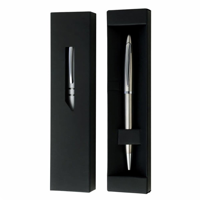 A sleek black gift box with a window, containing a silver pen, featuring a logo.