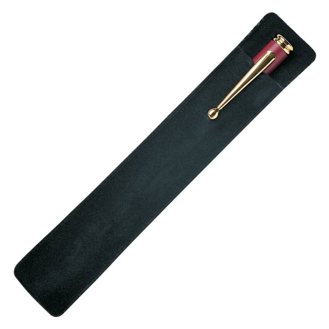 A black velvet pen pouch containing a gold and burgundy pen, featuring a logo.