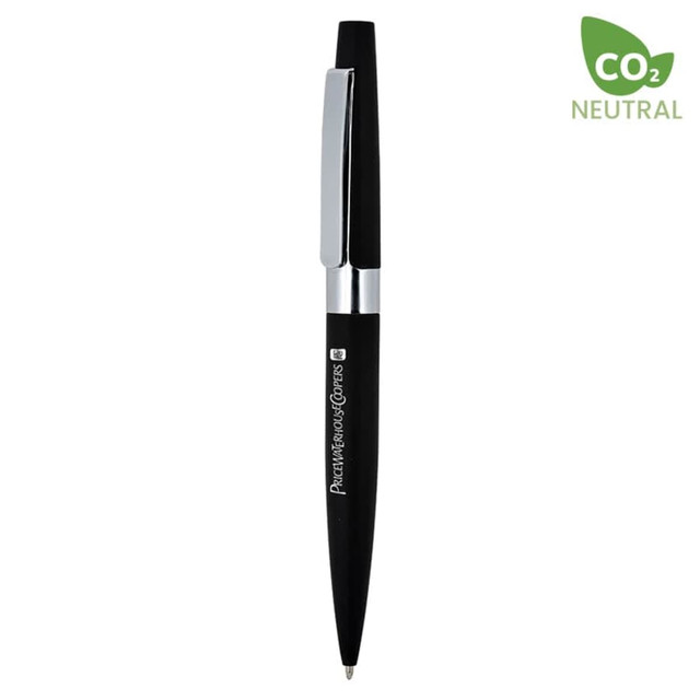 A metal pen with a sleek black design and a silver clip, featuring a logo on the barrel.
