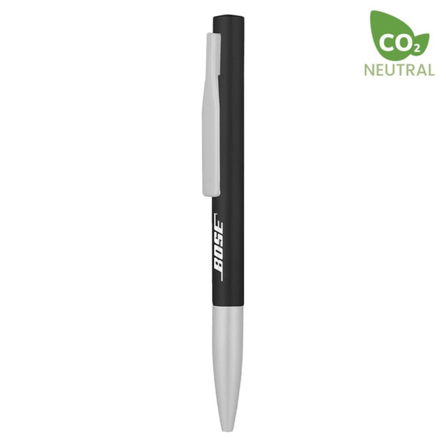 A black metal pen with a silver tip and a clip, featuring a logo on the body.