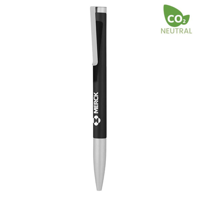 A metal pen in black with a silver tip, featuring a logo on the barrel.