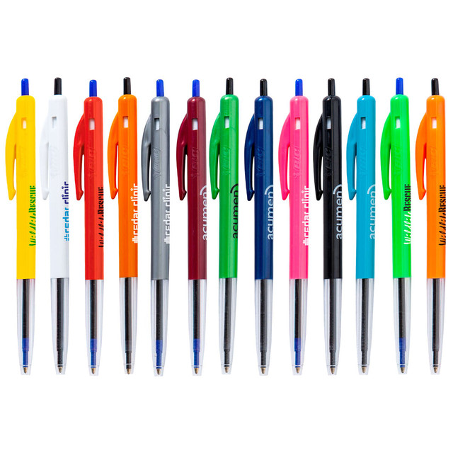 A collection of plastic Clic Pens in various colours, featuring a logo, with retractable mechanisms and silver tips.
