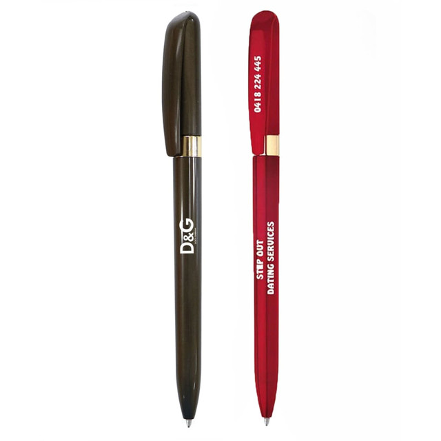 Two metal pens are displayed: one in dark green with a logo and the other in bright red with text.