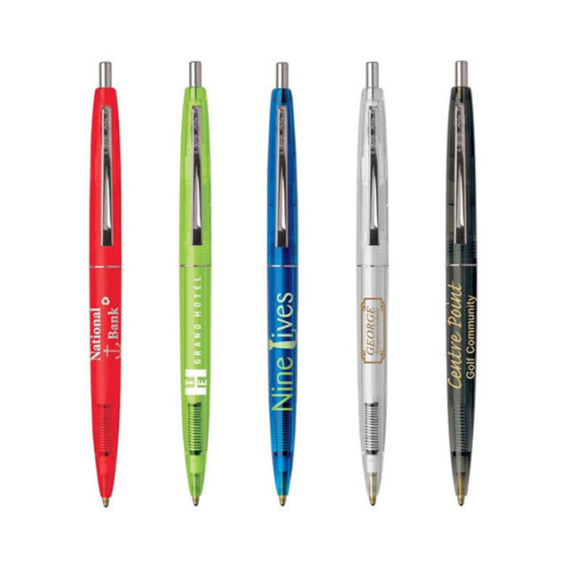A collection of five plastic pens in red, green, blue, silver, and black, each featuring a logo or branding.