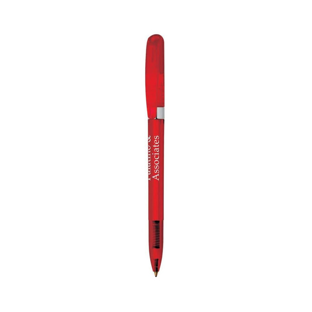 A red metal pen with a clear chrome grip and a clip, featuring branding on its body.