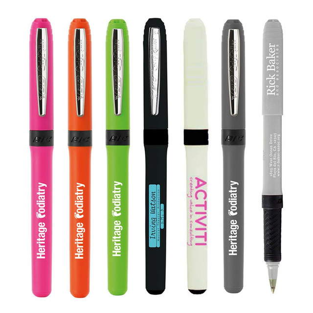 A collection of seven pens in various colours, including pink, orange, green, black, and grey, featuring logos.