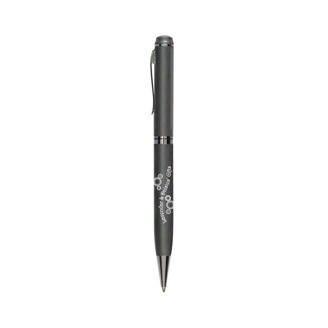 A grey metal twist pen with a clip and a logo on the barrel.
