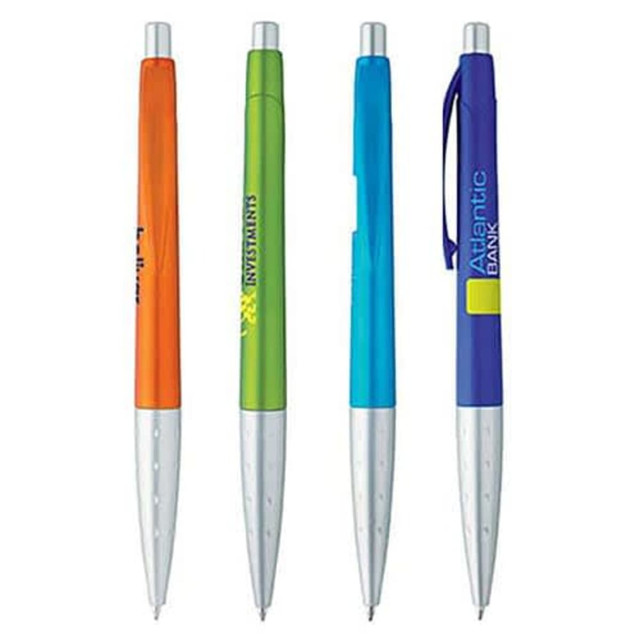 Four metallic pens in orange, green, blue, and purple, each with a silver clip and a branding logo.