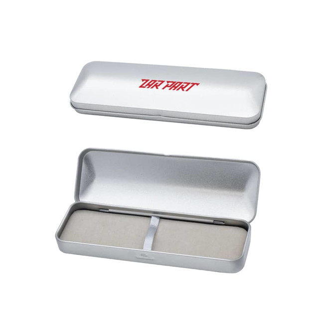 A brushed metal gift box in silver, featuring a soft interior and a logo. Ideal for pen packaging.