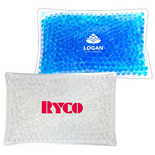 Two gel-filled cooling packs with blue and clear beads, featuring logos on one side of each pack.