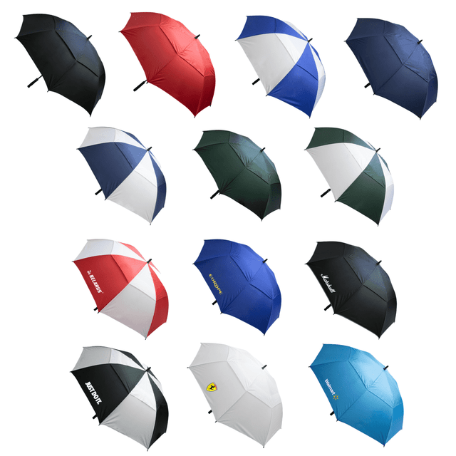 A collection of Stormy Umbrellas in various colours: black, red, white, blue, green, and navy, with branding on some.