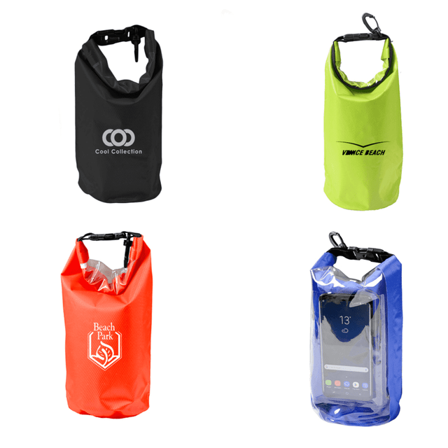 Four 2.5L dry bags in black, yellow, orange, and blue, featuring various logos and a transparent compartment.