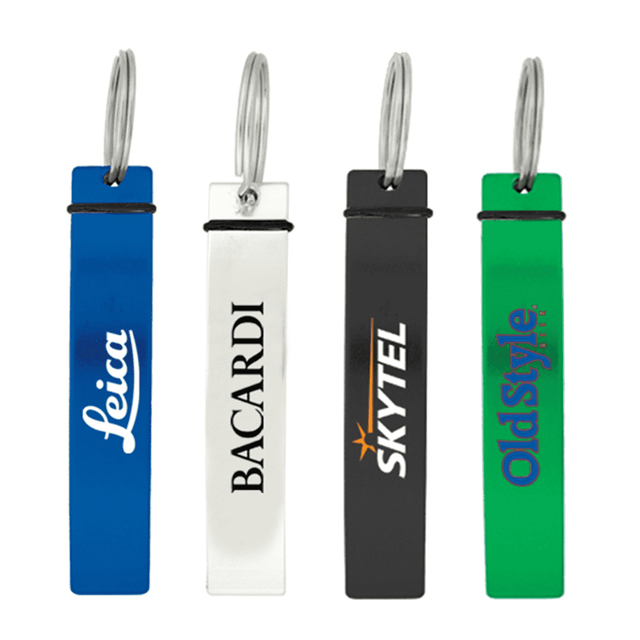 A drink bottle opener set featuring four colours: blue, silver, black, and green, each with a logo.