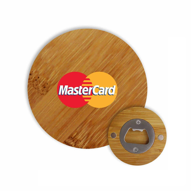 A round bamboo bottle opener featuring a metal opener and a logo on the bamboo surface.