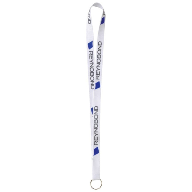 A white lanyard with blue branding and a metal ring attachment at the end.