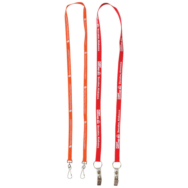 A vibrant orange and red lanyard with dual attachments and a logo, featuring a smooth design.