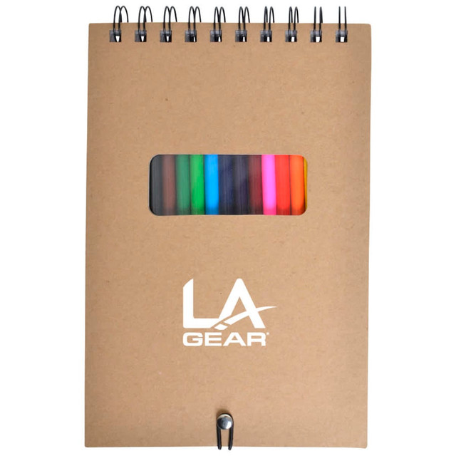 A spiral-bound notebook with a kraft cover featuring a transparent window displaying several colourful markers inside.