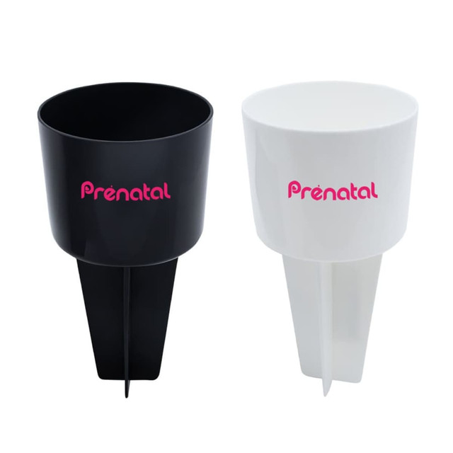 Two drink bottles in black and white, each with a logo on the front and a pointed base.