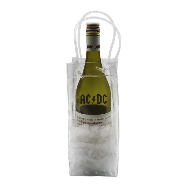 A clear cooler bag containing ice and a wine bottle, featuring a logo at the top and handles for carrying.