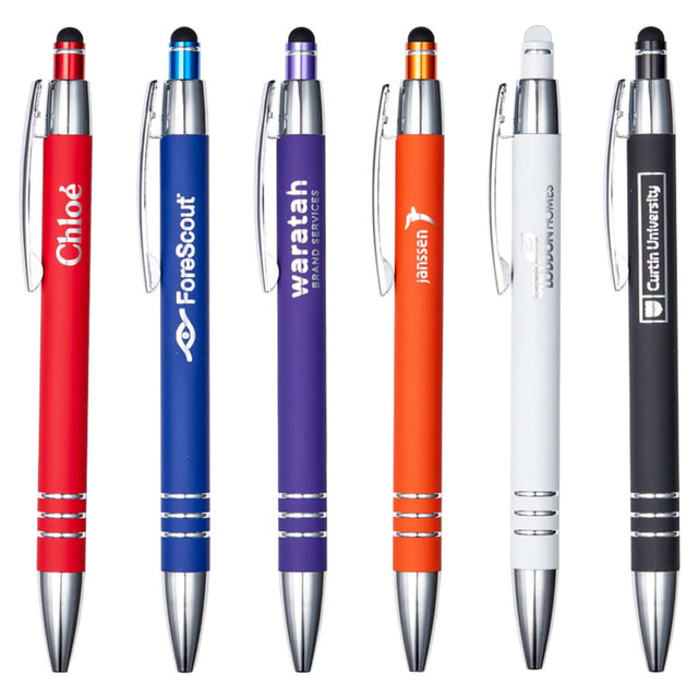 A collection of metal pens in red, purple, orange, white, and black, each with a clip and a logo.