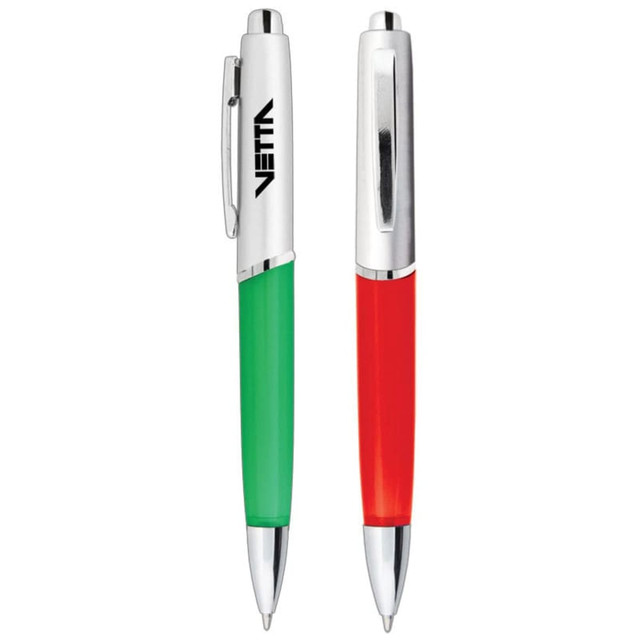 A set of metal pens, featuring a green and a red barrel, with chrome accents and a logo on each pen.