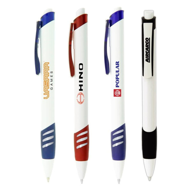 Four plastic pens featuring blue, red, and black accents, with a variety of logos and branding on the bodies.
