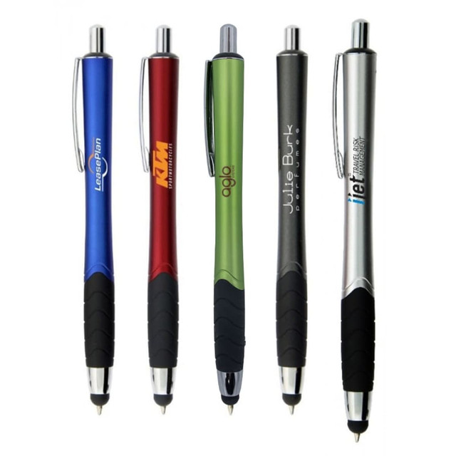 A collection of five stylus pens in blue, red, green, grey, and silver, each with a rubber grip and branding.