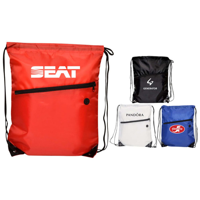A selection of drawstring bags in red, black, white, and blue, each with a logo and a front zip pocket.