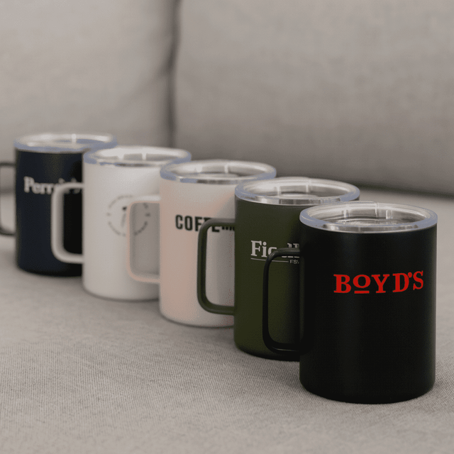 A collection of five travel mugs in navy, white, blush, olive, and black, featuring various logos.