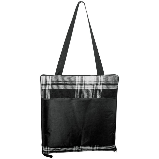 A black and white plaid picnic rug with a black carrying strap, featuring a large pocket on the back.