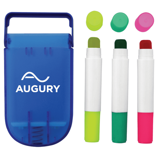 A set of gel highlighters in green, pink, red, and yellow, housed in a blue case with a branding logo.