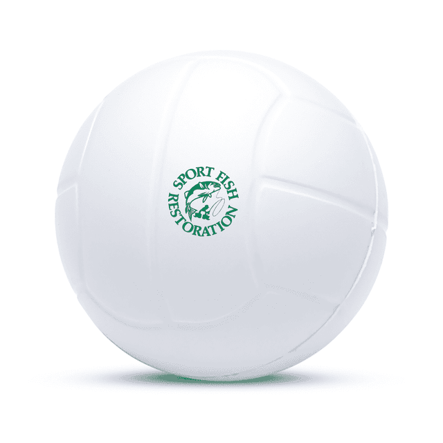 A white stress ball designed like a volleyball, featuring a circular logo.
